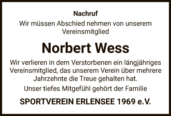 Traueranzeige von Norbert Wess von OF