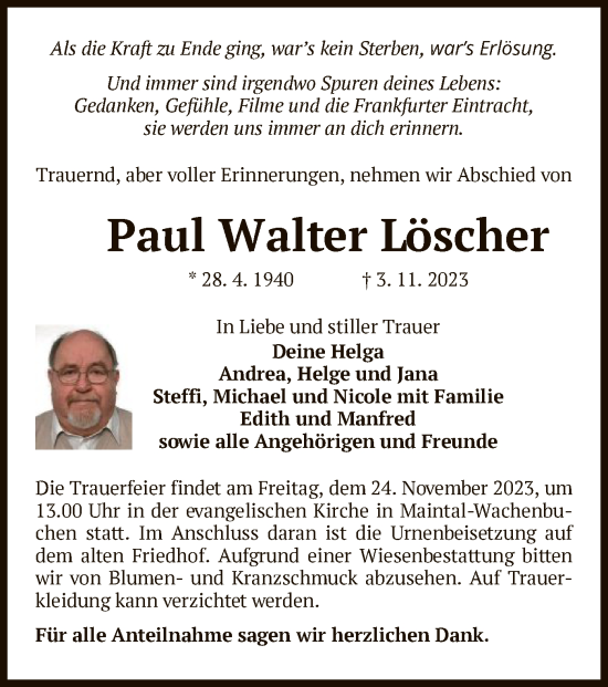 Traueranzeige von Paul Walter Löscher von OF