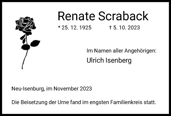 Traueranzeige von Renate Scraback von OF