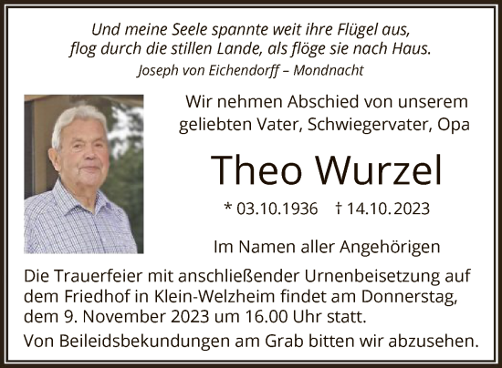 Traueranzeige von Theo Wurzel von OF