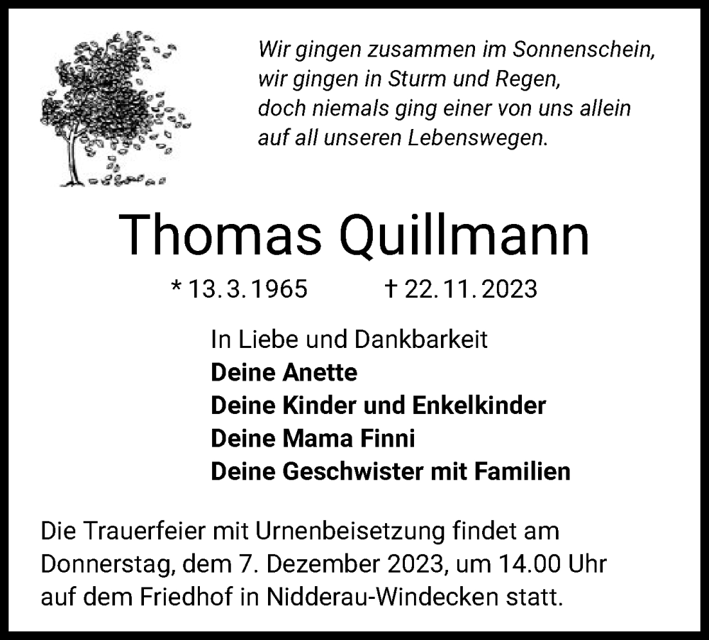  Traueranzeige für Thomas Quillmann vom 25.11.2023 aus OF