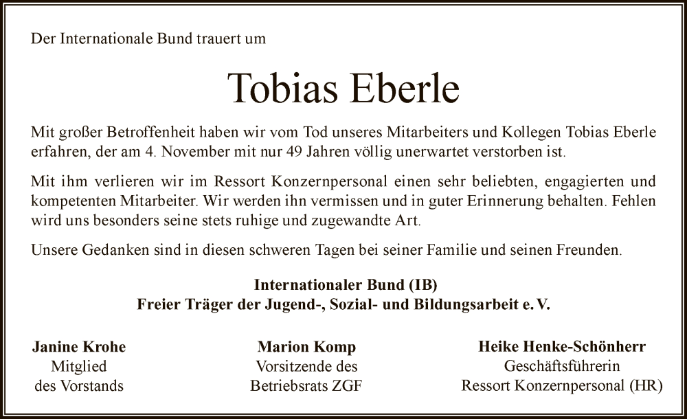  Traueranzeige für Tobias Eberle vom 25.11.2023 aus OF