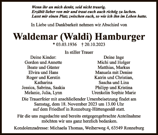 Traueranzeige von Waldemar Hamburger von OF