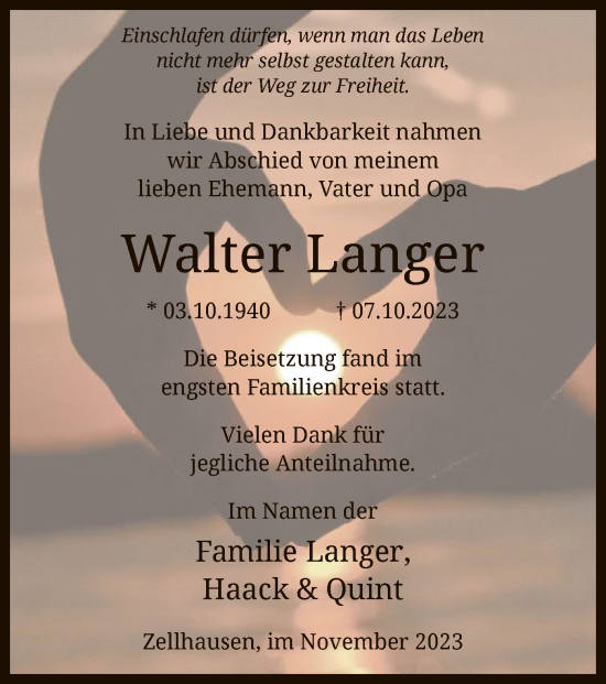 Traueranzeige von Walter Langer von OF