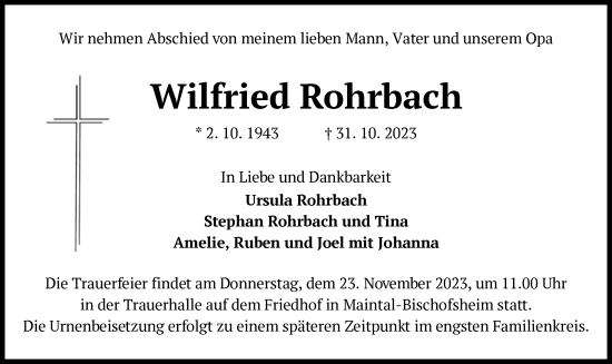 Traueranzeige von Wilfried Rohrbach von OF