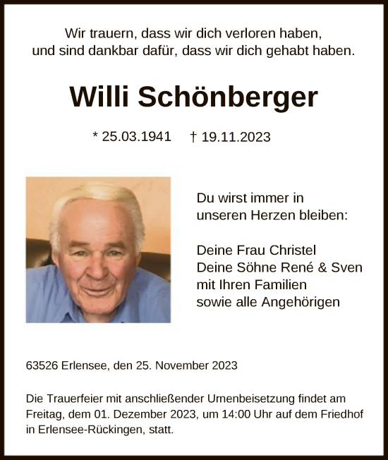 Traueranzeige von Willi Schönberger von OF