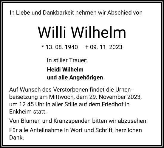 Traueranzeige von Willi Wilhelm von OF