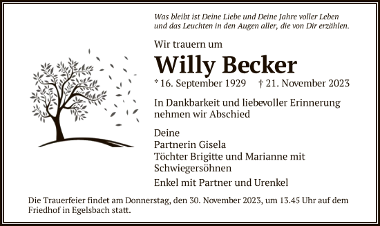 Traueranzeige von Willy Becker von OF