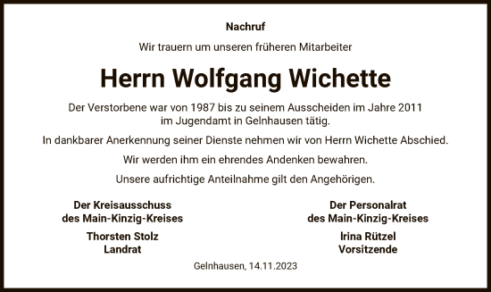 Traueranzeige von Wolfgang Wichette von OF