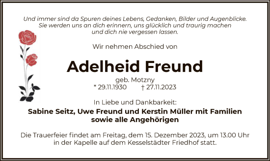 Traueranzeige von Adelheid Freund von OF