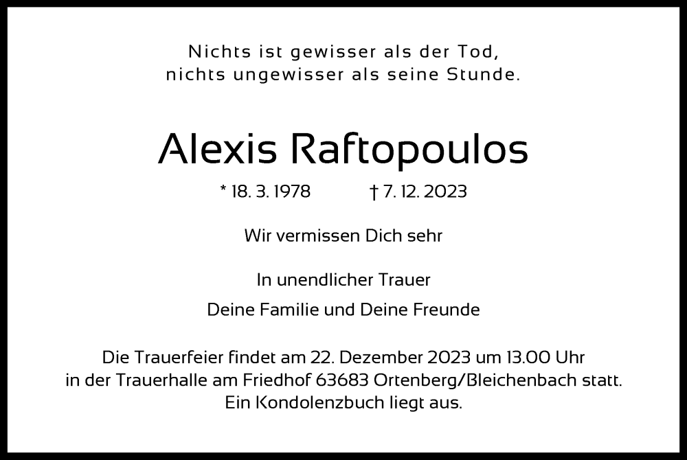  Traueranzeige für Alexis Raftopoulos vom 20.12.2023 aus OF