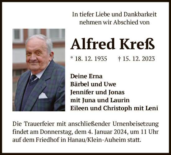 Traueranzeige von Alfred Kreß von OF