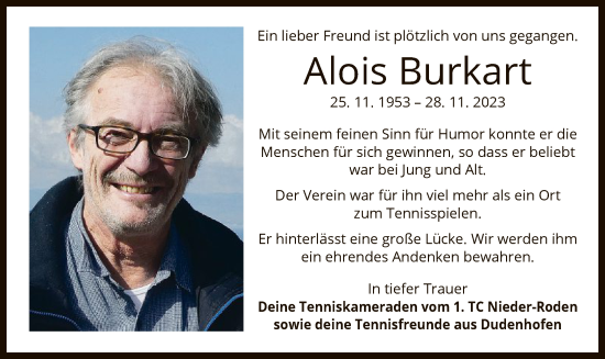 Traueranzeige von Alois Burkart von OF