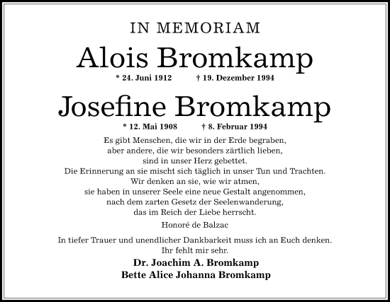 Traueranzeige von Alois und Josefine Bromkamp von OF