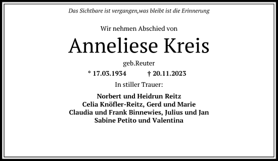 Traueranzeige von Anneliese Kreis von OF