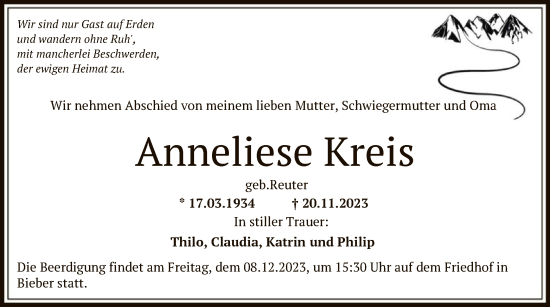 Traueranzeige von Anneliese Kreis von OF