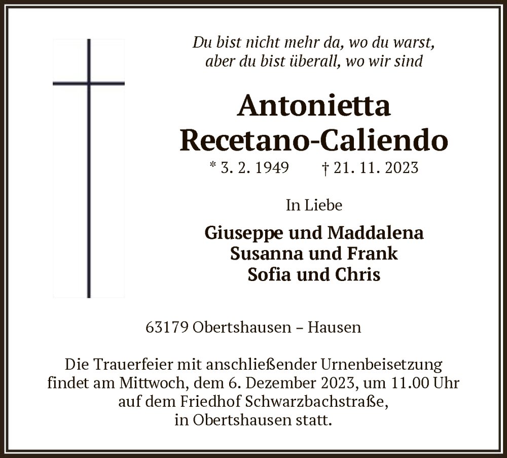  Traueranzeige für Antonietta Recetano-Caliendo vom 02.12.2023 aus OF