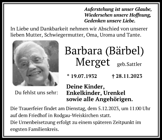 Traueranzeige von Barbara Merget von OF