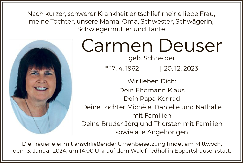  Traueranzeige für Carmen Deuser vom 30.12.2023 aus OF