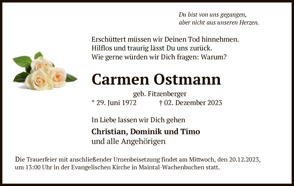  Traueranzeige für Carmen Ostmann vom 16.12.2023 aus OF