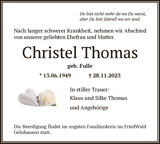 Traueranzeige von Christel Thomas von OF