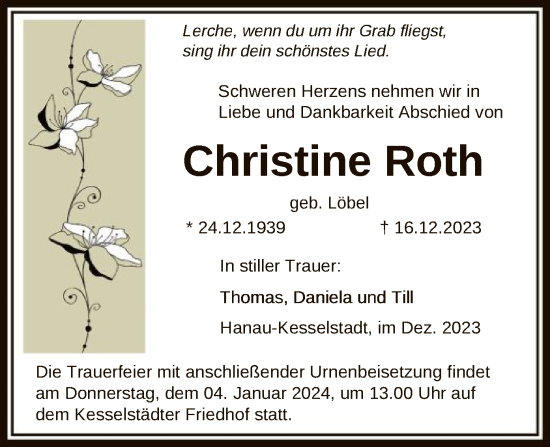 Traueranzeige von Christine Roth von OF