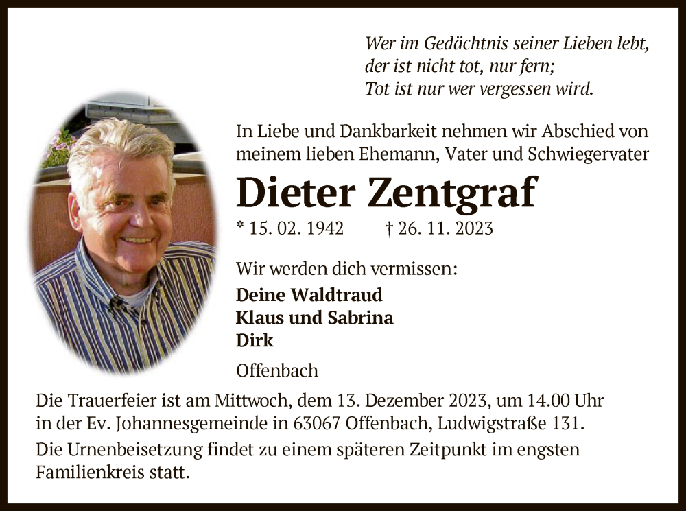  Traueranzeige für Dieter Zentgraf vom 02.12.2023 aus OF