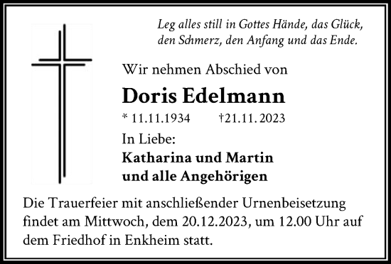 Traueranzeige von Doris Edelmann von OF