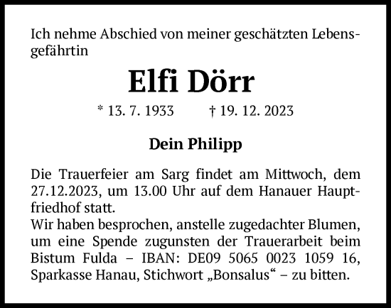 Traueranzeige von Elfi Dörr von OF