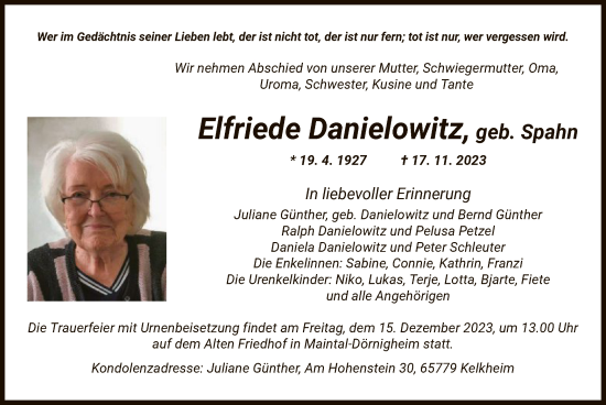 Traueranzeige von Elfriede Danielowitz von OF