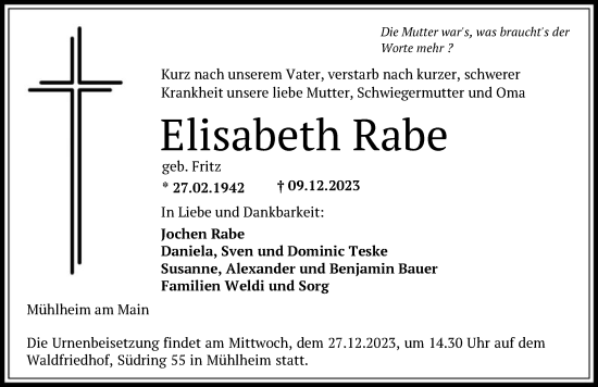 Traueranzeige von Elisabeth Rabe von OF