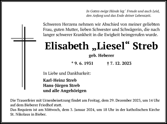 Traueranzeige von Elisabeth Streb von OF