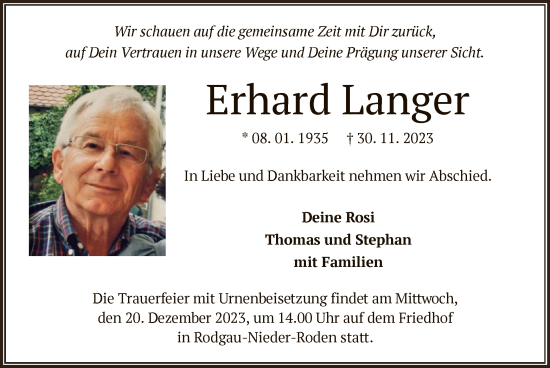 Traueranzeige von Erhard Langer von OF