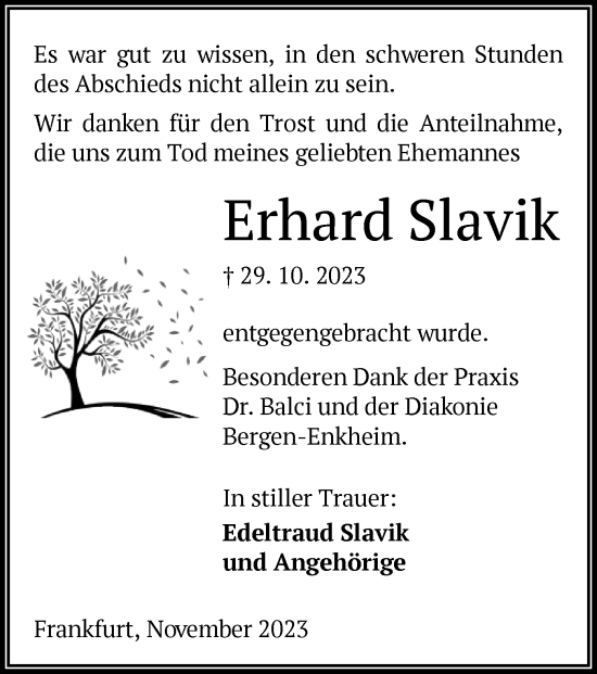 Traueranzeige von Erhard Slavik von OF