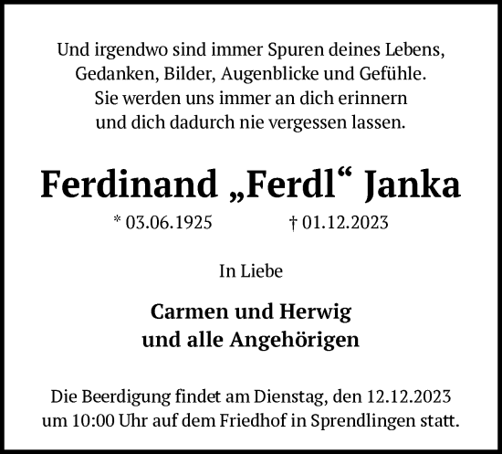 Traueranzeige von Ferdinand Janka von OF