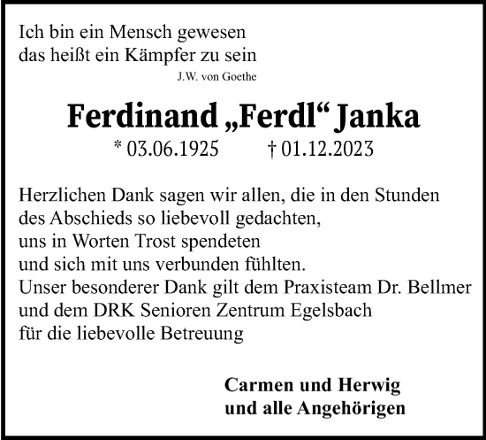Traueranzeige von Ferdinand Janka von OF