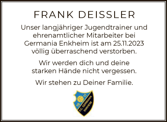 Traueranzeige von Frank Deissler von OF