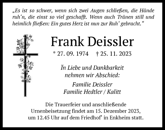 Traueranzeige von Frank Deissler von OF