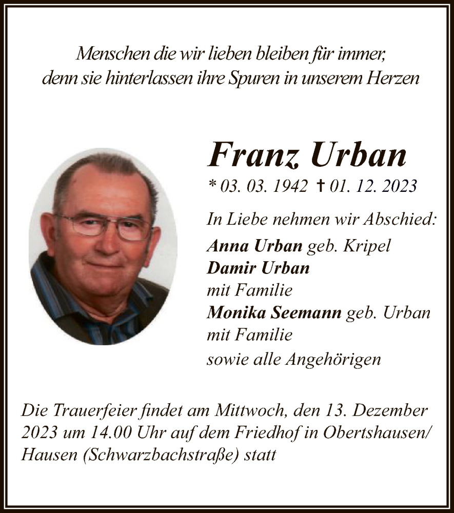  Traueranzeige für Franz Urban vom 06.12.2023 aus OF