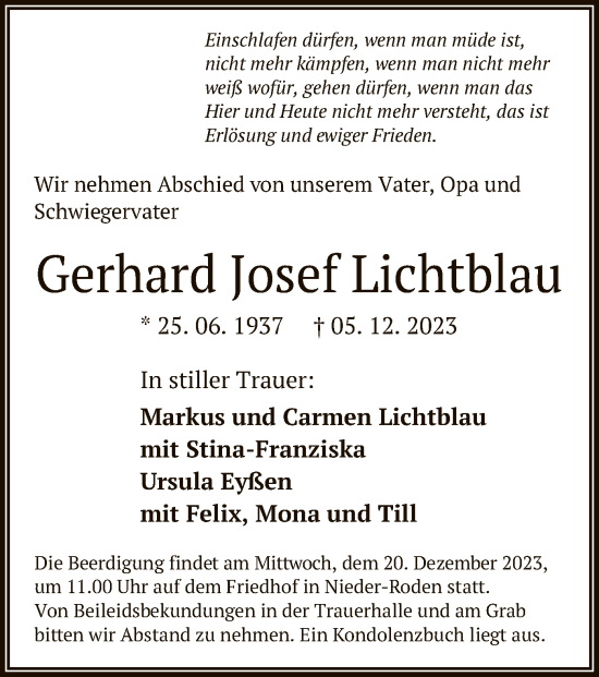 Traueranzeige von Gerhard Josef Lichtblau von OF