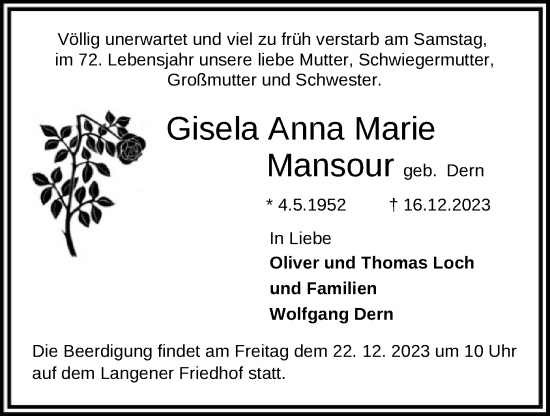 Traueranzeige von Gisela Anna Marie Mansour von OF