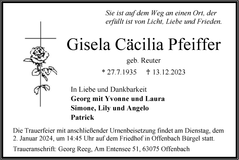 Traueranzeige für Gisela Cäcilia Pfeiffer vom 23.12.2023 aus OF