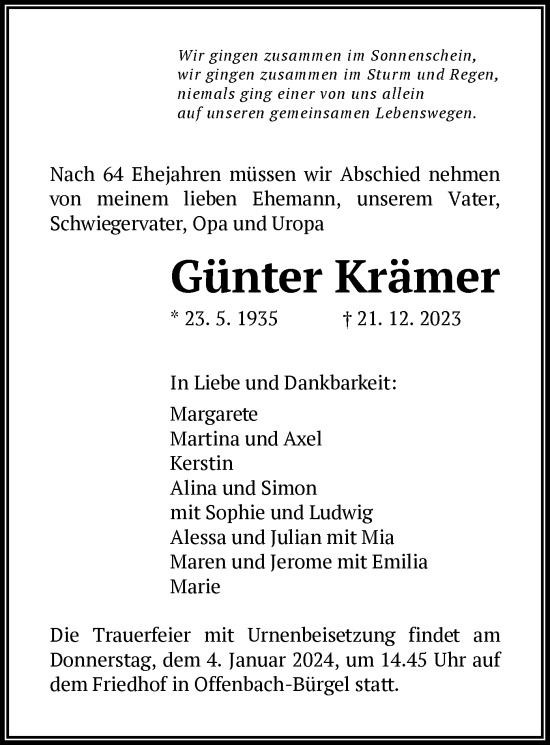 Traueranzeige von Günter Krämer von OF