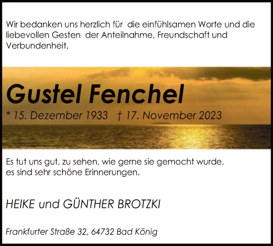 Traueranzeige von Gustel Fenchel von OF