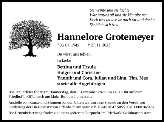 Traueranzeige von Hannelore Grotemeyer von OF