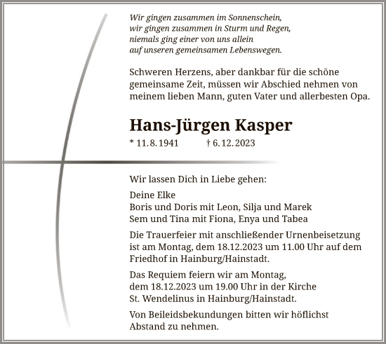 Traueranzeige von Hans-Jürgen Kasper von OF