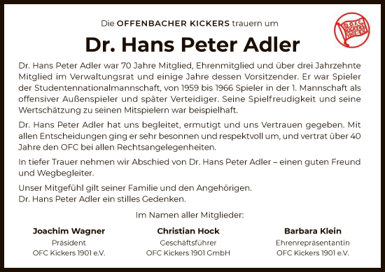 Traueranzeige von Hans Peter Adler von OF