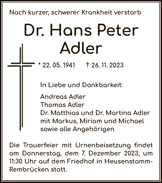 Traueranzeige von Hans Peter Adler von OF