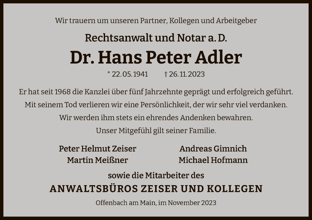  Traueranzeige für Hans Peter Adler vom 02.12.2023 aus OF