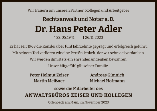 Traueranzeige von Hans Peter Adler von OF